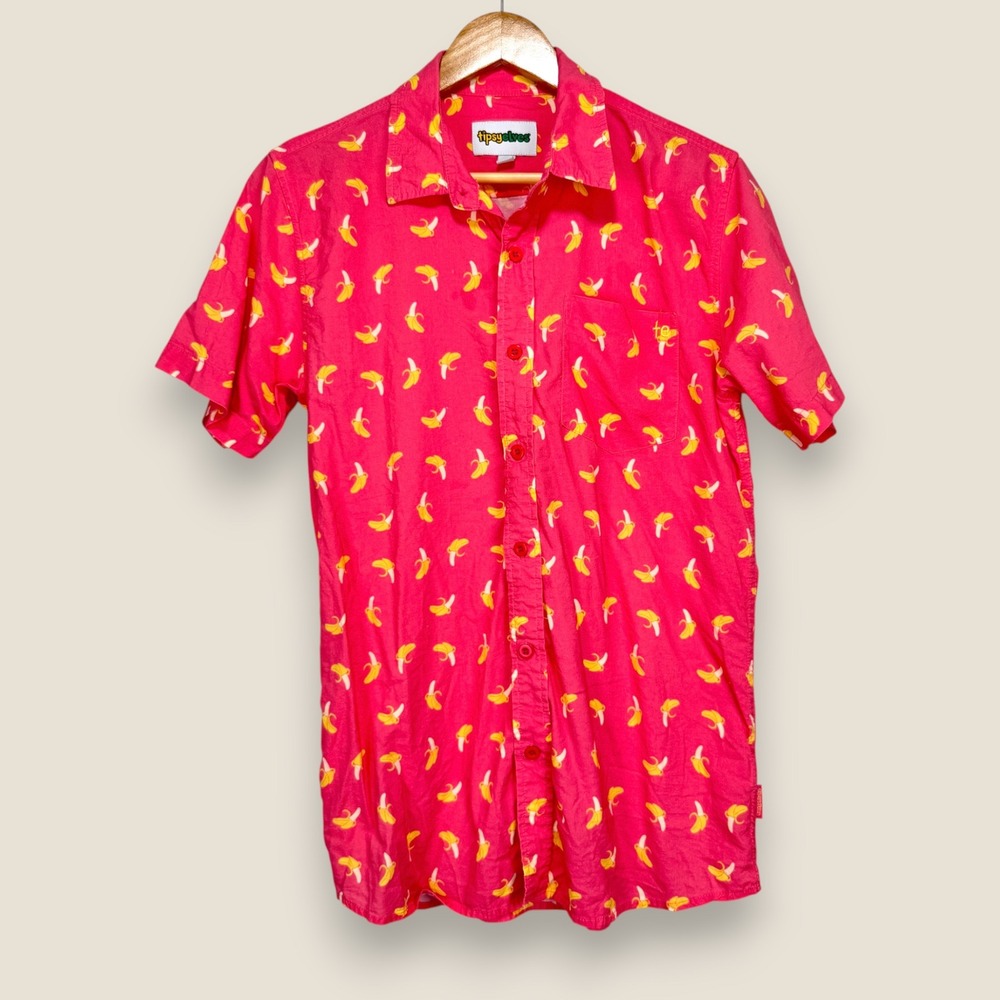 Tipsy Elves Short Sleeve Hawaiian‎ Button Shirt Men Small Pink Banana Print AOP